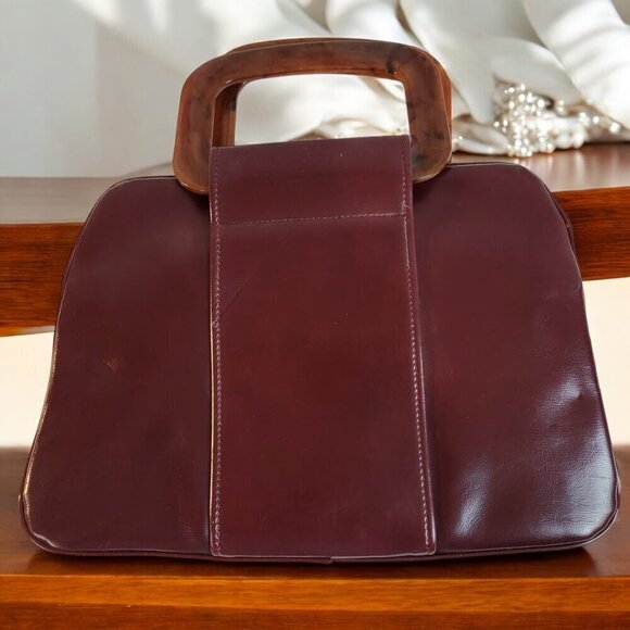 Handbags - Vintage 1940s Leather Purse - Oxblood Red with Bakelite Handles and KISS Closure